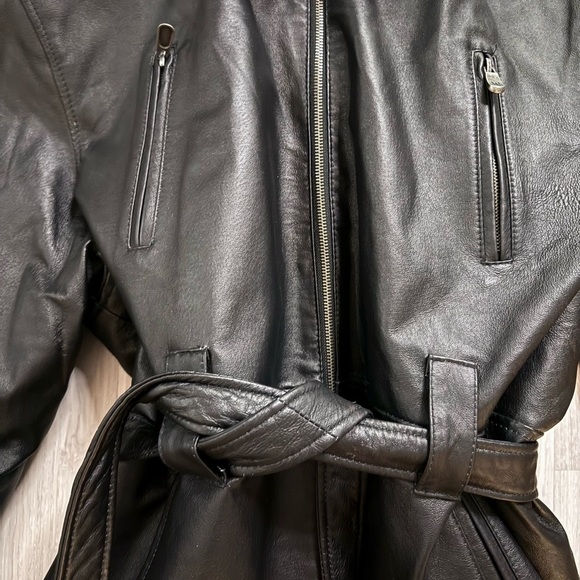 NEW!! Vintage Wilda Genuine Leather Shearling Hooded Belted Jacket Coat Black XL - Picture 7 of 7